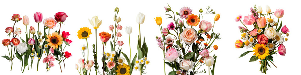 set of An elegant set of mixed arrangements of roses, tulips, daisies and sunflowers, refined mixed bouquets, elegant floral arrangements, chic combinations of sunflowers, on a transparent backgrounds