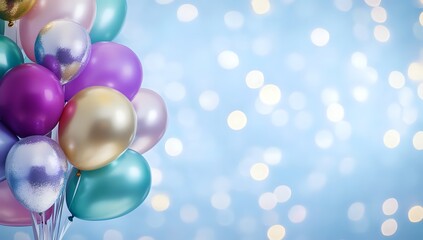 Colorful balloons against a blue bokeh background.