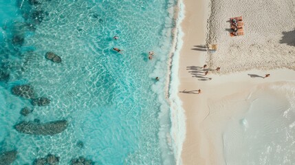 Aerial shot of a pristine beach with crystal-clear waters and people enjoying the sun and waves.