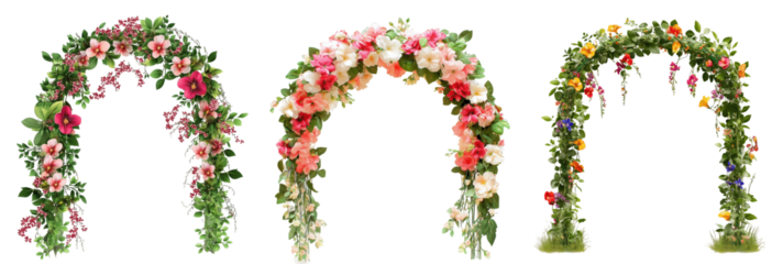 Floral arch designs featuring vibrant blooms in various arrangements perfect for weddings or events captured on a clean background