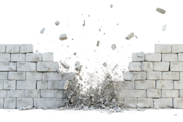 Destruction of a concrete wall with debris scattering on a white background capturing the moment of impact