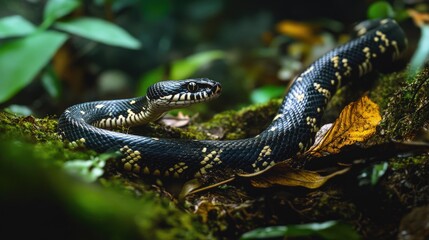The sleek body of a snake winds its way through a forest floor, blending into its surroundings, showcasing its stealth.