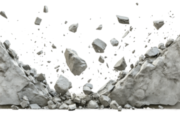 Dynamic explosion of concrete debris scattering across a transparent background in a construction site scenario