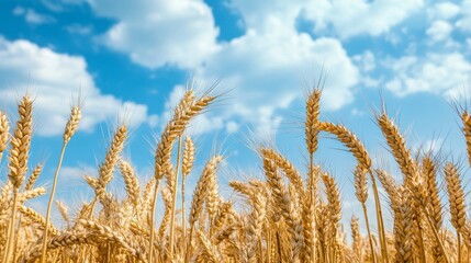Fototapeta premium Wheat field under blue sky in summer.