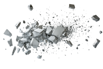 A pile of grey rocks, scattered and broken, on a white background