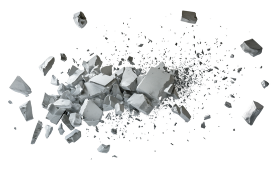 A pile of grey rocks, scattered and broken, on a white background