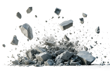A pile of grey rocks, scattered and broken, on a white background
