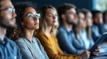 Obraz premium A group of colleagues attentively listening to a presenter during a business meeting, with their full attention on the speaker and taking notes