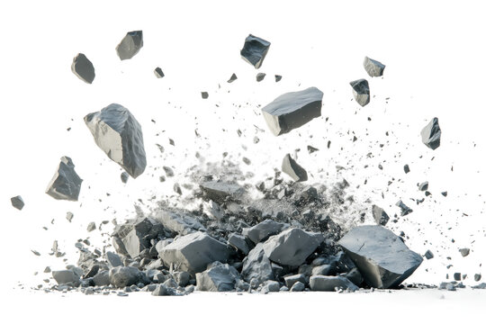 A pile of grey rocks, scattered and broken, on a white background