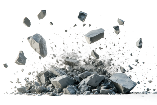 A pile of grey rocks, scattered and broken, on a white background