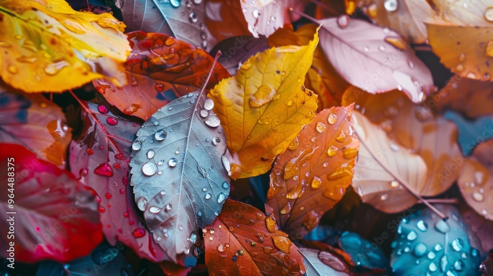 Wall mural a close-up of colorful autumn leaves covered in fresh raindrops, highlighting the rich textures and 