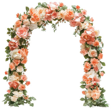 Elegant floral arch adorned with soft pink and white roses on a transparent background, perfect for weddings or special occasions
