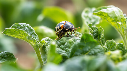 Colorado potato beetles are a big problem for potato farmers. These insects can damage potato plants and hurt the harvest.  This photo shows a beetle on a potato plant, with the focus on the beetle.
