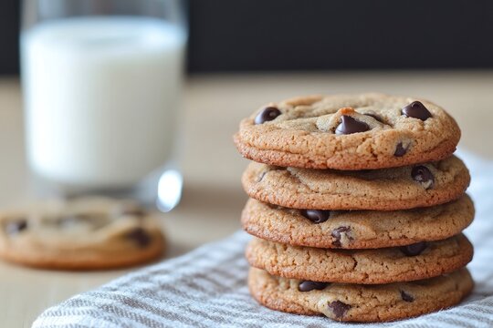 A stack of chewy peanut butter chocolate chip cookies, with a glass of milk in the background
