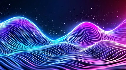 Pink and blue wavy lines glow, intertwining in a luminous background.