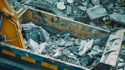 Fototapeta premium A construction site dumpster filled with broken concrete and debris, showcasing the aftermath of building demolition amid a chaotic scene.