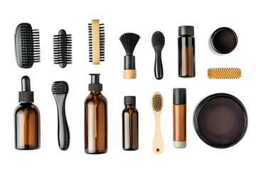 Collection of beard grooming products isolated on transparent or white background, png