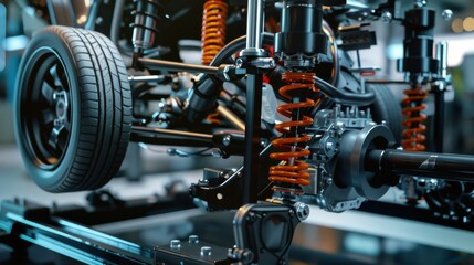 Fototapeta premium A well-engineered car suspension system is displayed, emphasizing the complexity and sophistication of its mechanical components and design.
