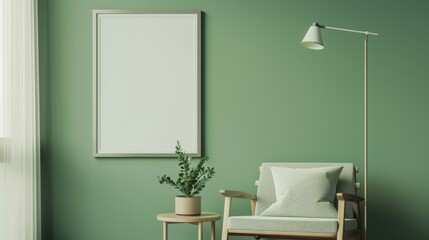A minimalist green-themed room featuring a wooden armchair and adjacent whiteboard, adorned with a potted plant for a touch of nature.