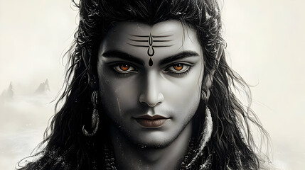 A detailed portrait of a deity with long hair and striking eyes.