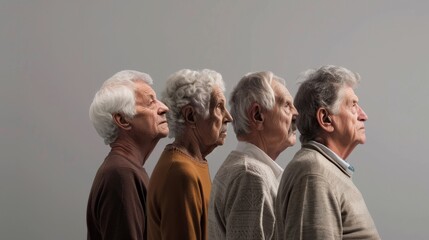 Obraz premium A group of elderly individuals in profile, lined up and looking forward against a neutral background.