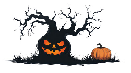 Eerie Silhouette of Cartoon Spooky Tree with Grinning Pumpkin on White Background