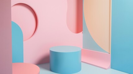 Fascinating interplay of pastel-colored geometric shapes creates a visually pleasing, minimalistic architectural composition.