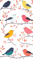 birds tree leaves colorful nature wildlife fauna spring summer art illustration design branch avian foliage cute birds vibrant colors cartoon birds animal art