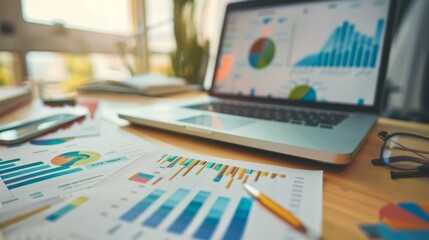 Obraz premium A vibrant desk with graphs, charts, and a laptop, reflecting a dynamic and productive work environment.