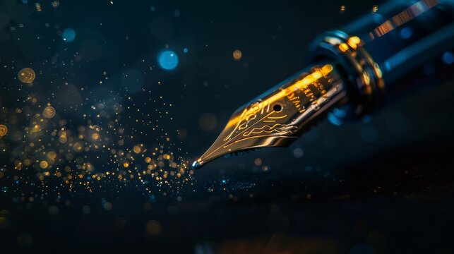 A golden fountain pen nib on a dark background with sparkling particles, symbolizing elegance, creativity, and the enduring art of writing.