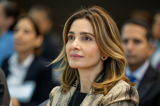 Brazilian female politician in a international meeting in Brasilia, Brazil. Latin american official woman formal business attire at a conference with other leaders.