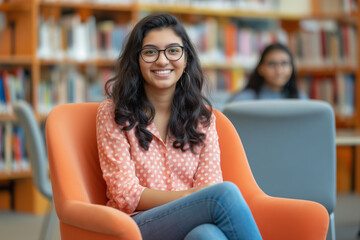 Intelligent South Asian woman, student with glasses, sits in an orange armchair smiling at the camera while being interviewed by another person in front of bookshelves. In a background library setting