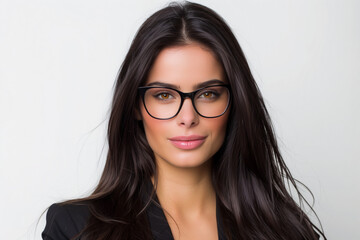Obraz premium Serious young business woman with glasses on a white background