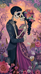 Fototapeta premium Symbolic Skeleton Couple in Elegant Clothing Day of the Dead Theme - Floral Shadows Days Of The Dead - Vibrant and Symbolic Illustrations