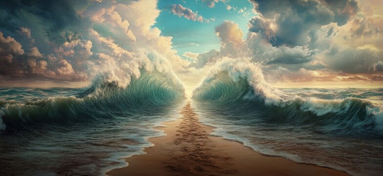 Ocean splitting open to create a wide pathway, portraying Moses parting the Red Sea in the Exodus story. The Israelites crossing the parted waters symbolizes a significant biblical moment