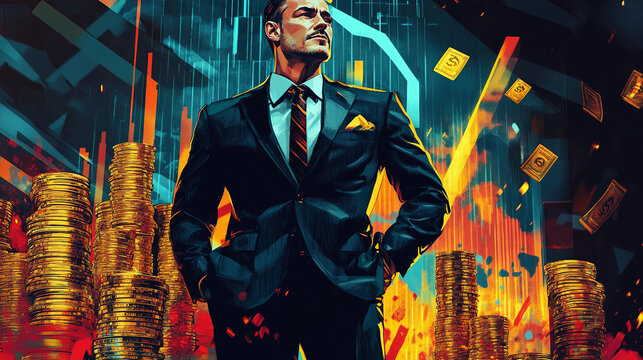 GET RICH NOW Luxurious Financial Triumph Scene with Sharp-Dressed Man and Wealth Symbols

