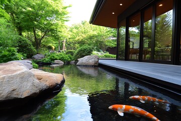 Japanese farm, Koi pond near the house, tranquil water garden offers a moment of peace and reflection amidst the daily farm work