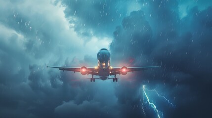 A plane cutting through stormy skies, illuminated by lightning, portrays a dramatic scene of nature's fury versus human engineering.