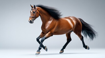 Obraz premium A majestic brown horse in mid-gallop, showcasing its strength and grace against a neutral background.