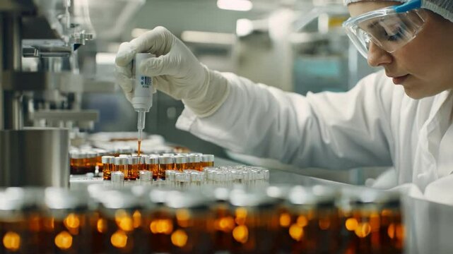 A scientist in a lab setting, wearing sterile gloves, engaged in quality control and inspecting vials as part of the drug manufacturing process