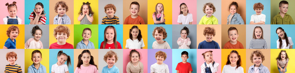 Many cute children on different colors backgrounds, collage of photos