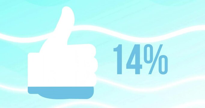 Animation of thumb up icon and percents over blue background