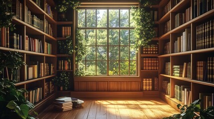 Warm home library with wooden shelves lined with books, sunlight filtering in through the window, creating a serene reading nook surrounded by greenery.