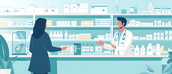 A flat illustration of a pharmacy counter, pharmacist interacting with a customer, shelves in the background filled with various health products. Bright and welcoming environment