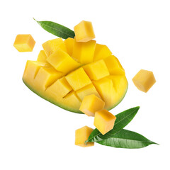 Sweet fresh mango cut in cubes flying on white background
