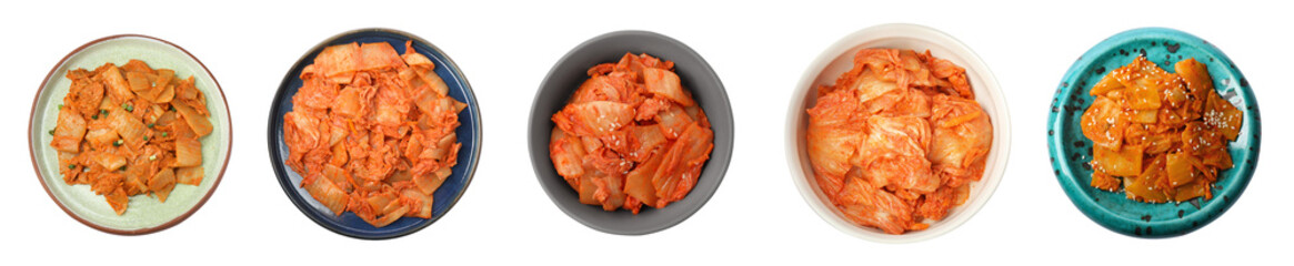 Delicious kimchi of Chinese cabbage isolated on white, set. Top view. Traditional Korean dish