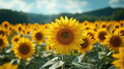 Fototapeta premium field of yellow sunflowers, autumn landscape, seasonal background, harvest, agriculture, flowers, fall, plants, nature, september, october, horizontal illustration, seeds, bloom, petals, growth