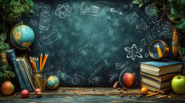 Green school chalkboard with playful doodles and blank copy space, ideal for educational themes, childhood imagination, creative learning, designs for teachers and students. Background