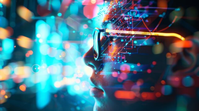 A person’s profile glistens with digital circuits and neon lights, representing the fusion of human intellect and advanced technology.