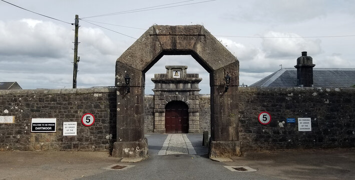 Princetown, Dartmoor, Devon, England: The front entrance to Dartmoor Prison (HMP Dartmoor); at the time of this photo all prisoners had been removed from the jail regarding fears of Radon gas.
